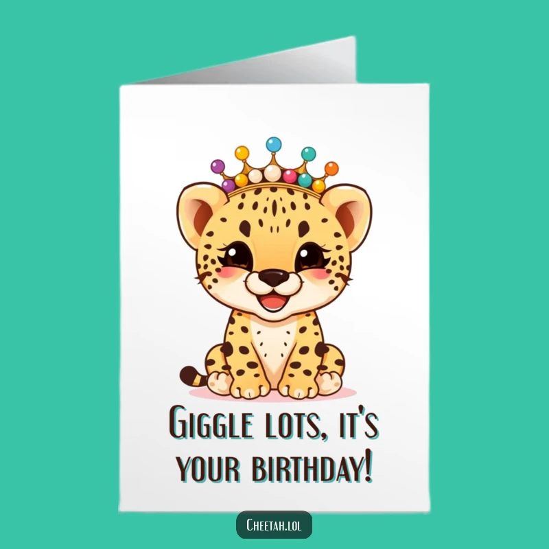 Free Printable Birthday Card: Giggling Cheetah Beaded Crown - Funny Downloadable Gift