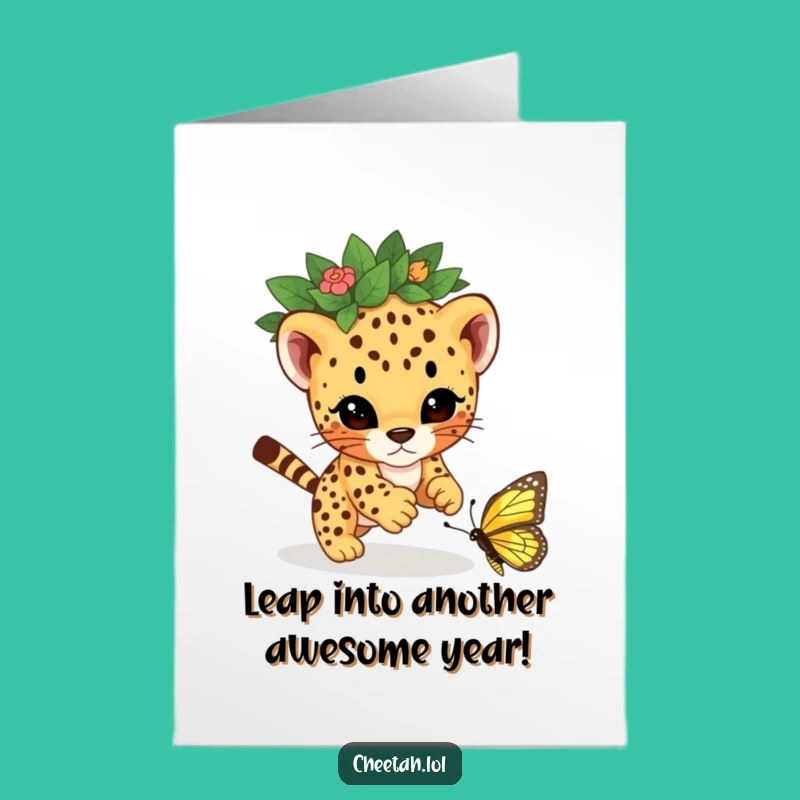 Free Printable Cheetah Cub Birthday Card: Funny Leaf Crown Pounce Downloadable Gift
