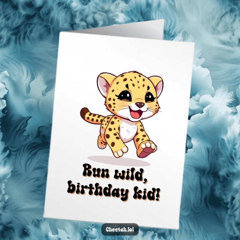 Funny Free Printable Birthday Card: A speedy cheetah cub running with abandon, leaving joyful motion streaks, celebrating with pure happiness.