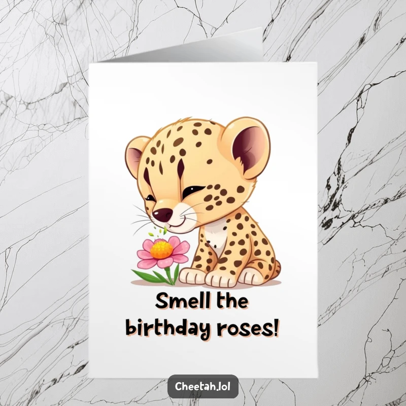 Funny Free Printable Birthday Card: A curious cheetah cub sniffing a vibrant flower with wide-eyed wonder and gentle fascination.