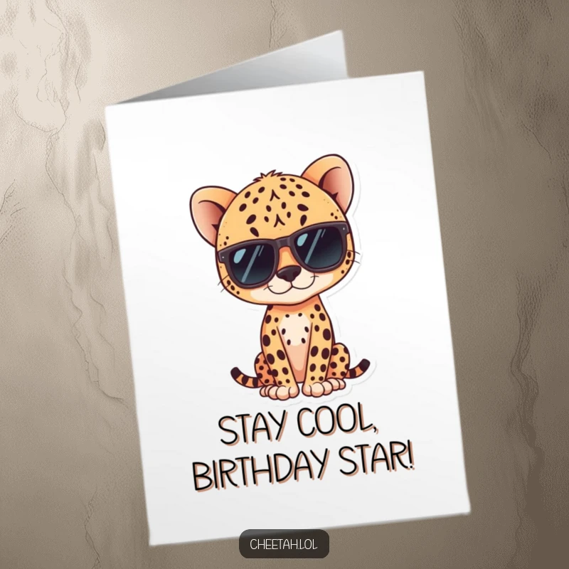 Funny Free Printable Birthday Card: A kawaii cheetah in sunglasses, striking a super cool and confident pose, ready to party.
