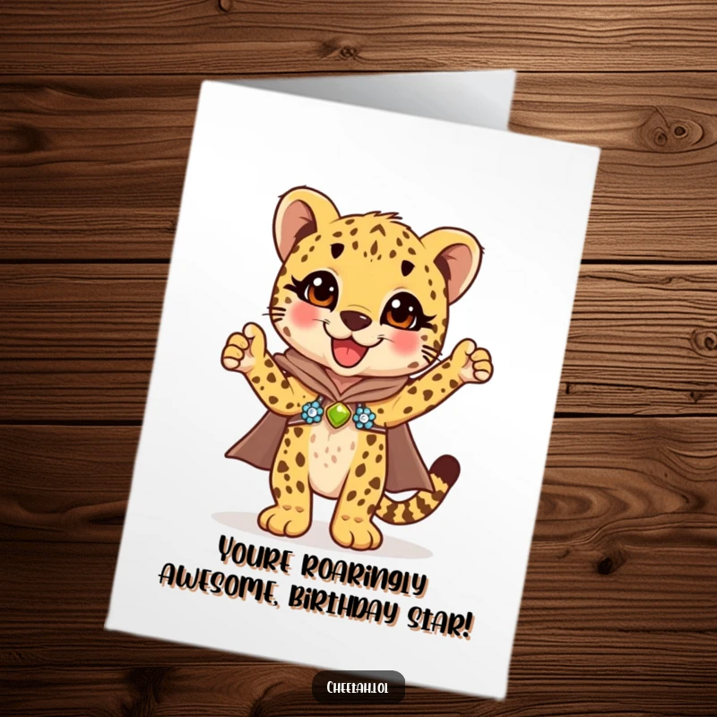 Funny Free Printable Birthday Card: Cheetah cub in sequined cape celebrating with a triumphant pose, ready for joy.