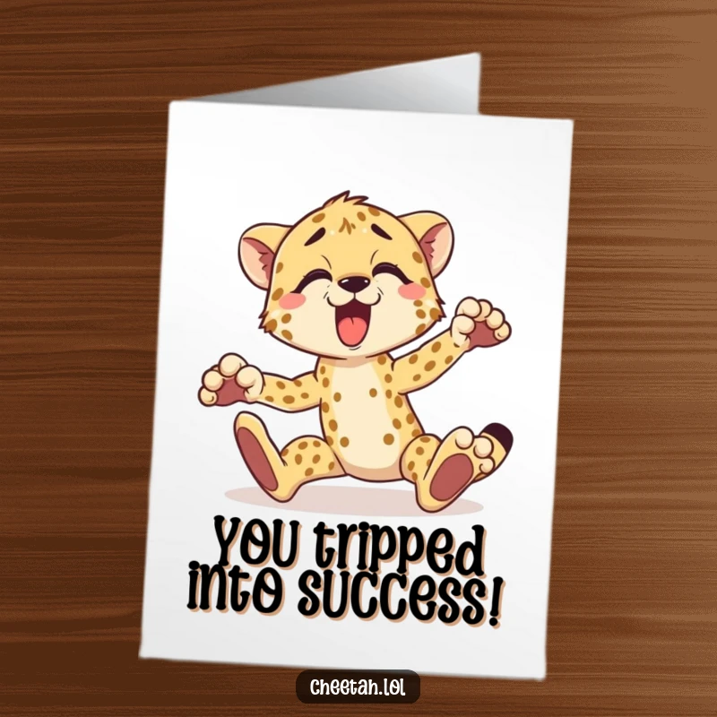 Funny Free Printable Congratulations Card featuring a cheetah tripping with a surprised yelp, celebrating their win.