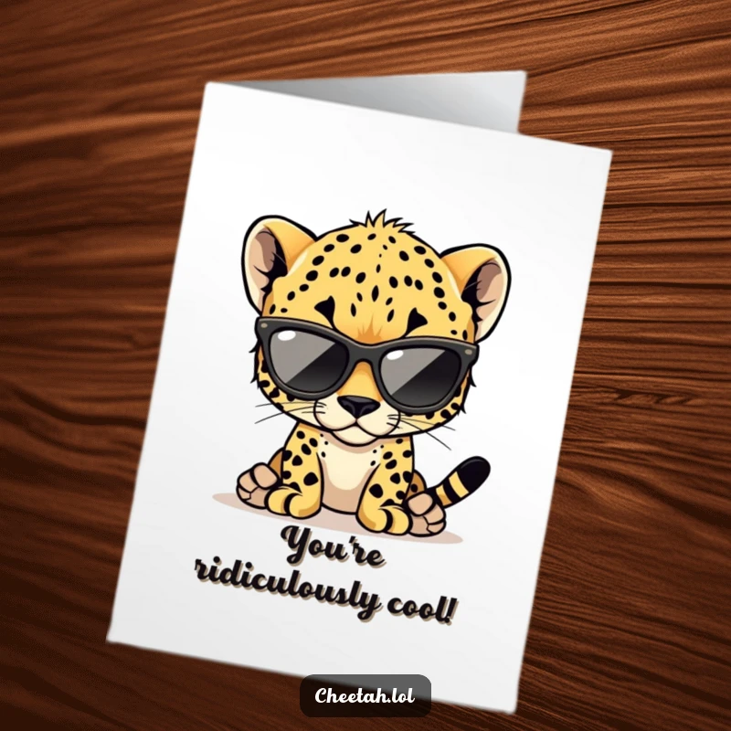 Funny Free Printable Congratulations Card with a cheetah cub wearing shades, striking a confident pose.