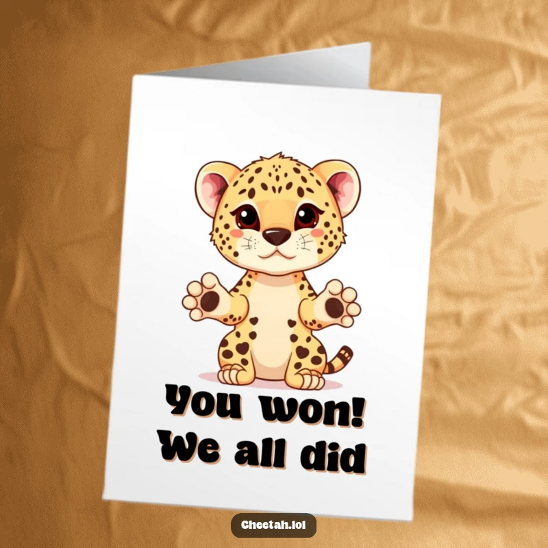 Funny Free Printable Congratulations Card: a cheetah cub proudly presents a prize with its paws extended.