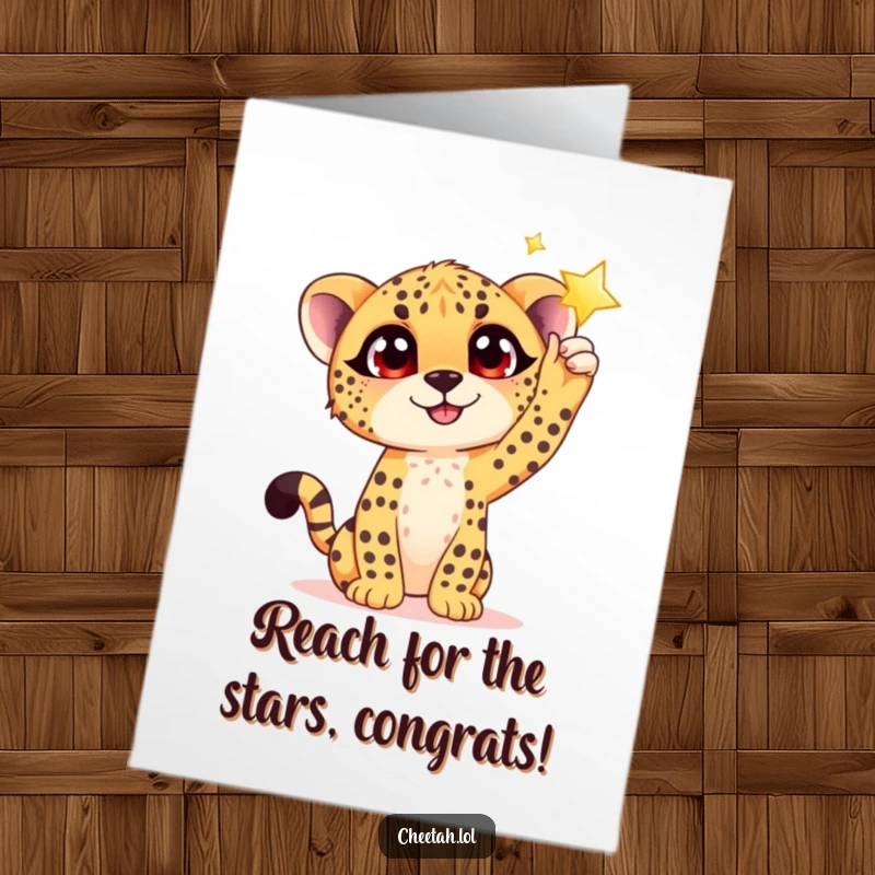 Funny Free Printable Congratulations Card: A joyful cheetah cub with big eyes, stretching to touch a bright, shimmering star.