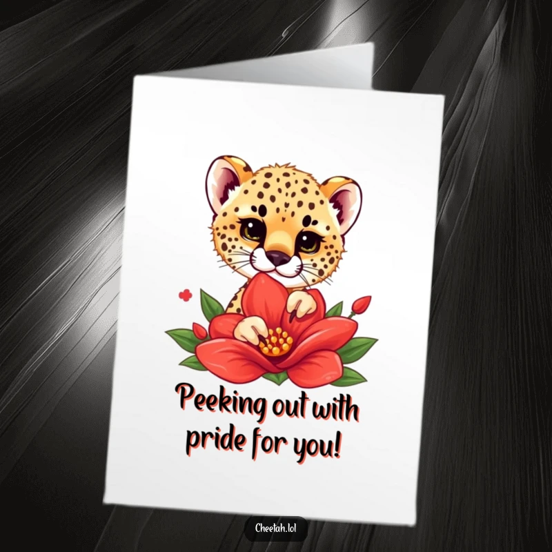 Funny Free Printable Congratulations Card: Cheetah cub peeking from behind a large red flower, symbolizing a delightful new beginning.