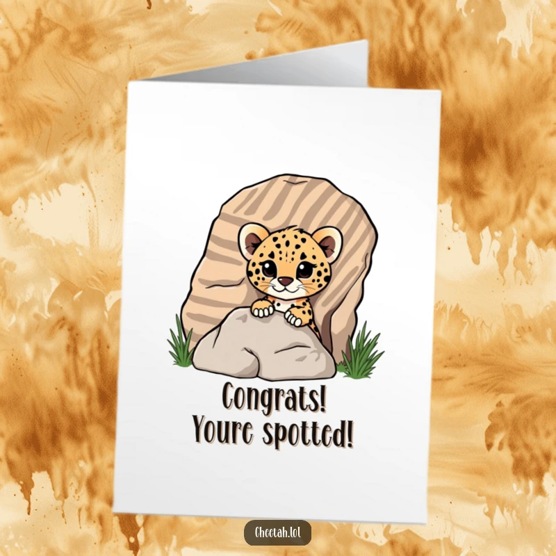 Funny Free Printable Congratulations Card: A cheeky cheetah cub peeking from a striped rock, sending congrats with a playful spirit.