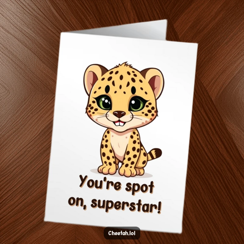 Funny Free Printable Congratulations Card: A sleek cheetah cub strikes a stylish pose, grinning confidently.