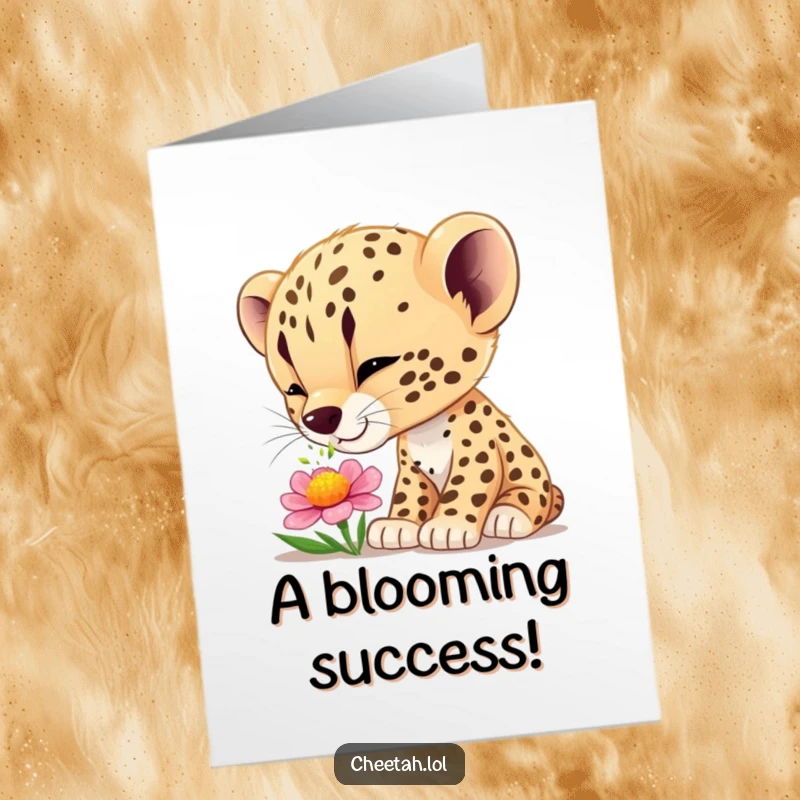 Funny Free Printable Congratulations Card: A curious cheetah cub deeply engrossed in sniffing a colorful flower, showing pure wonder.