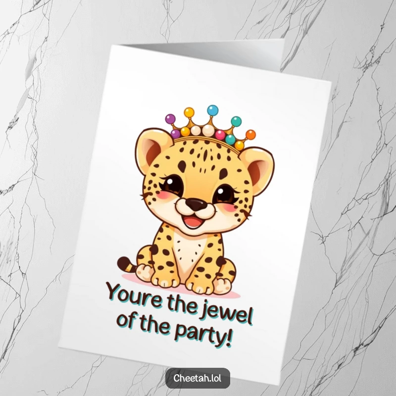 Funny Free Printable Congrats Card: Giggling cheetah cub wearing a colorful beaded crown, celebrating wins.