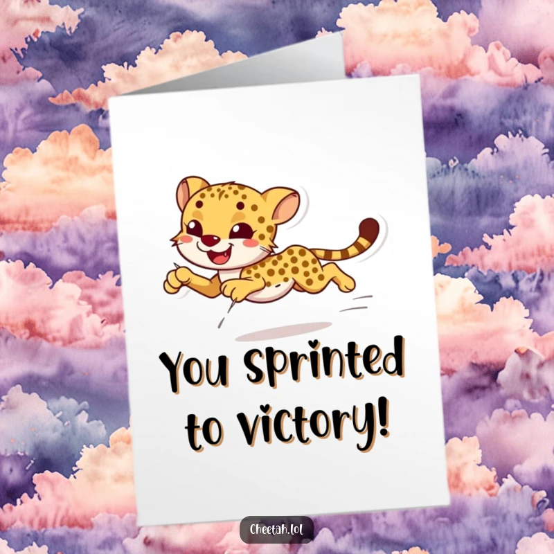 Funny Free Printable Congratulations Card: A smiling cheetah captured sprinting with incredible speed and fluid, effortless grace.