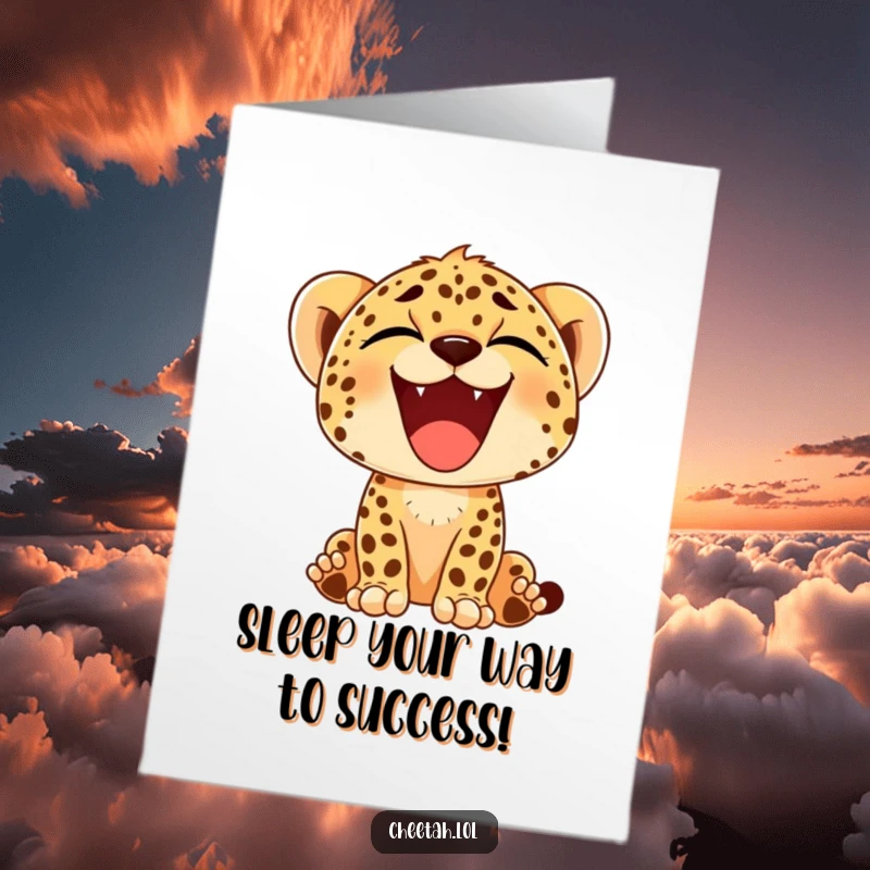 Funny Free Printable congratulations card: A cheetah cub offers a wide, happy yawn, signifying relaxed joy and easy celebration.