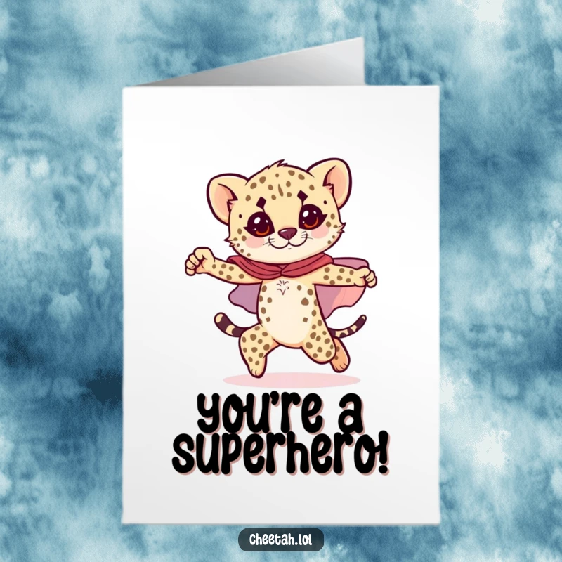 Funny Free Printable Congrats Card: A cheetah cub proudly wearing a sparkly cape, posing heroically mid-stride.