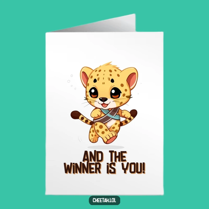 Free Printable Congrats Card: Racing Cheetah Cub - Funny Downloadable Victory Gift