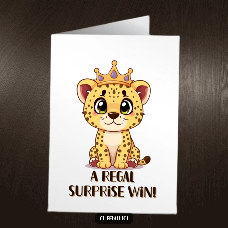 Funny Free Printable Congrats Card: A crowned cheetah cub looking wonderfully surprised with big, curious eyes.