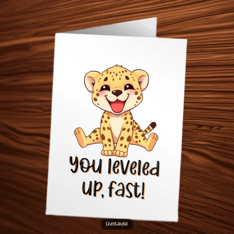 Funny Free Printable Congratulations Card showing a happy cheetah cub adorably stretching its long legs in celebration.