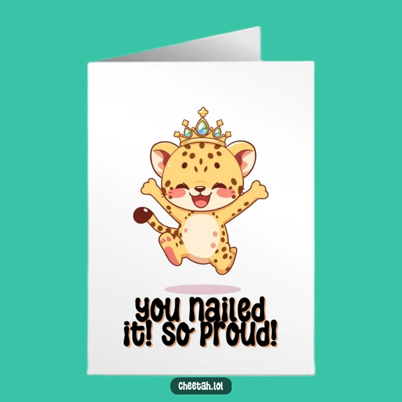 Free Printable Congrats Card: Joyful Cheetah Leap - Funny Downloadable Gift for Success