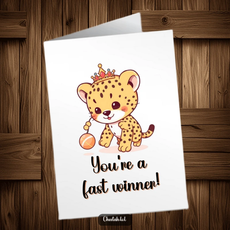 Funny Free Printable Congrats Card: Cheetah cub adorned with a tiara, joyfully chasing a dangling toy ball.