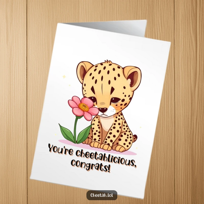Funny Free Printable Congratulations Card: A curious cheetah cub carefully sniffing a colorful desert flower, discovering something new.