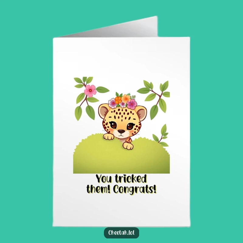 Free Printable Congrats Card: Mischievous Cheetah Cub Floral Crown Fun, Funny Gift!
