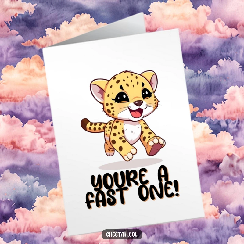 Funny Free Printable Congratulations Card: A cheetah cub running joyfully with streaks of motion, celebrating achievements at full speed.