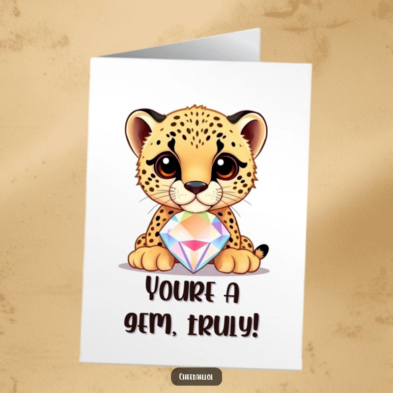Funny Free Printable Congratulations Card: a cheetah cub balances a large, shiny jewel perfectly on its nose.