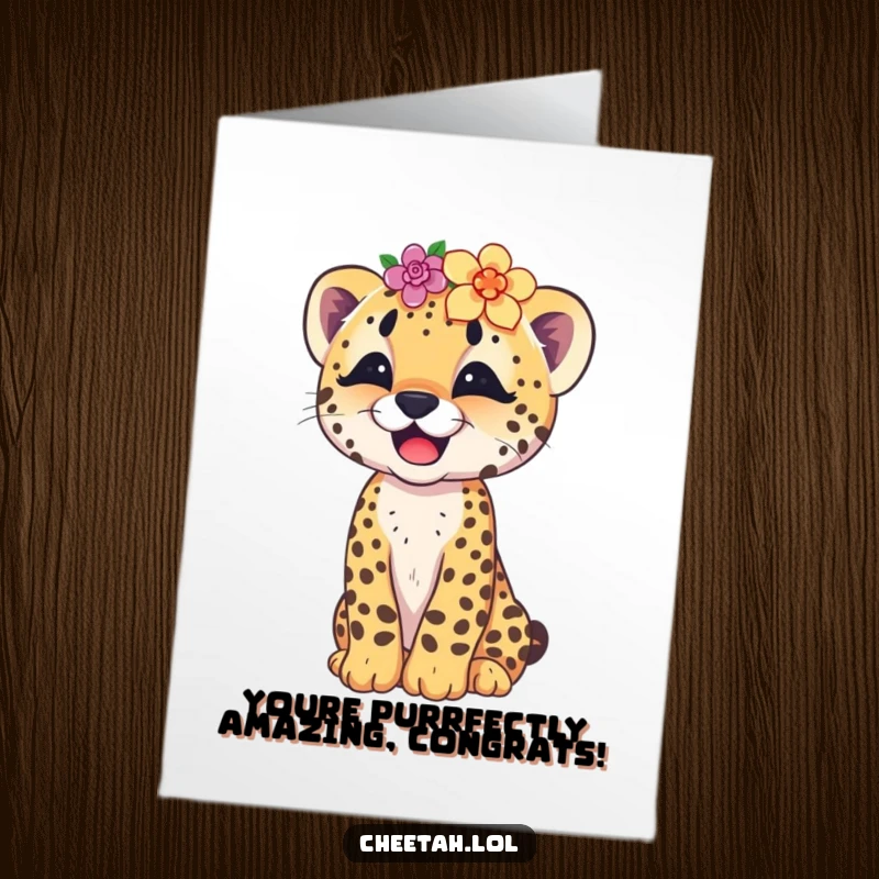 Funny Free Printable Congratulations Card: A cheerful cheetah cub in a crooked flower crown, giggling with excitement.
