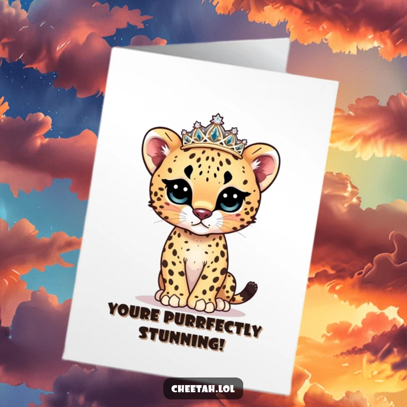 Funny Free Printable Congratulations Card featuring a cute cheetah cub adorned with a sparkly tiara, striking a pose.