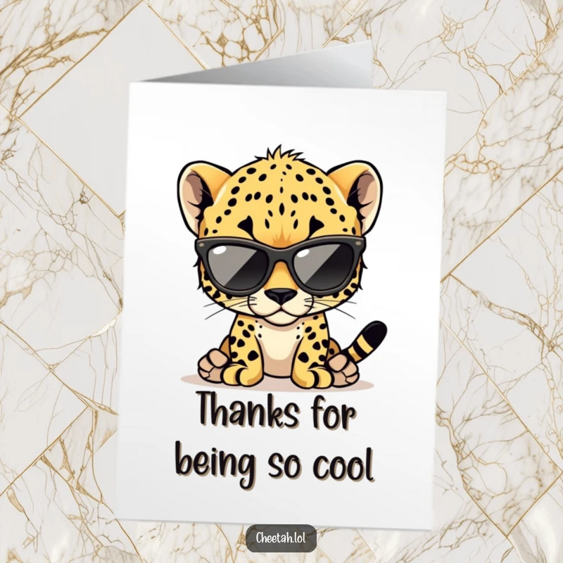 Funny Free Printable Thank You Card of a cheetah cub sporting oversized shades and a confident pose.
