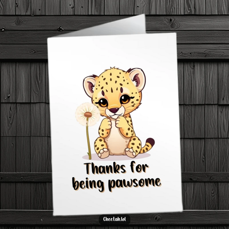 Funny free printable thank you card showing a playful cheetah cub batting at a fluffy dandelion, a sweet gesture of gratitude.
