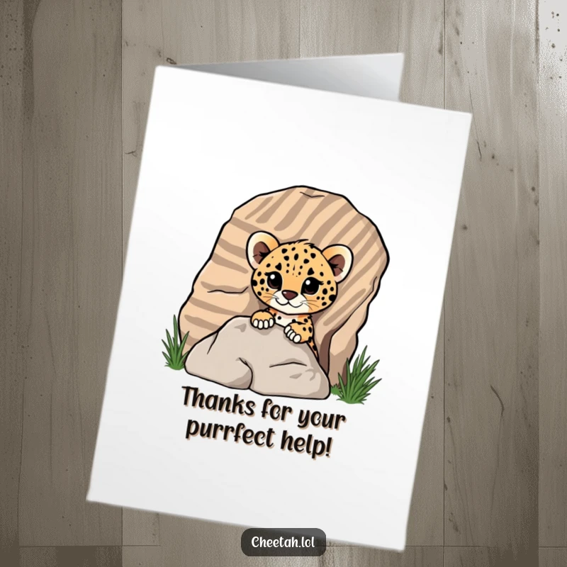 Funny Free Printable Thank You Card: A cute cheetah cub peeks out from a striped rock, conveying thanks with a playful, hidden smile.
