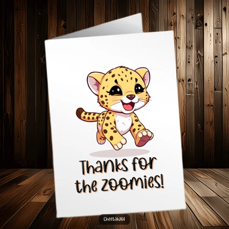 Funny Free Printable Thank You Card: A joyful cheetah cub dashes with motion streaks, a fast and fun way to say thank you.