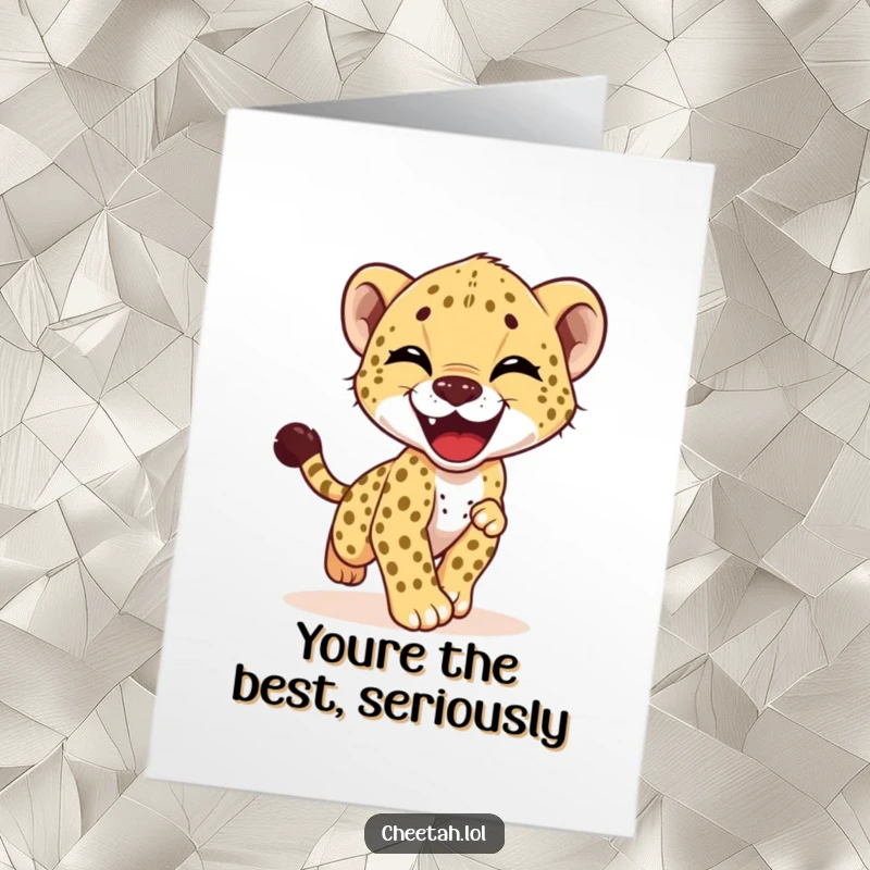 Funny Free Printable thank you card: A giggling cheetah cub playfully chases its tail, symbolizing energetic appreciation.