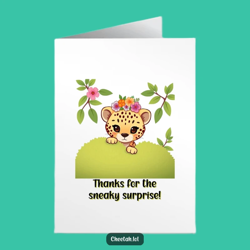 Free Printable Thank You Card: Mischievous Cheetah Cub Floral Surprise, Funny Gift!