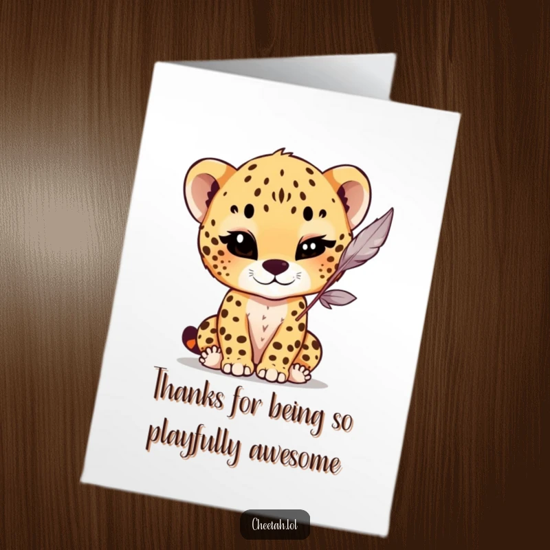 Funny Free Printable Thank You Card: A cheetah cub winks mischievously while playing with a feather, showing thanks.