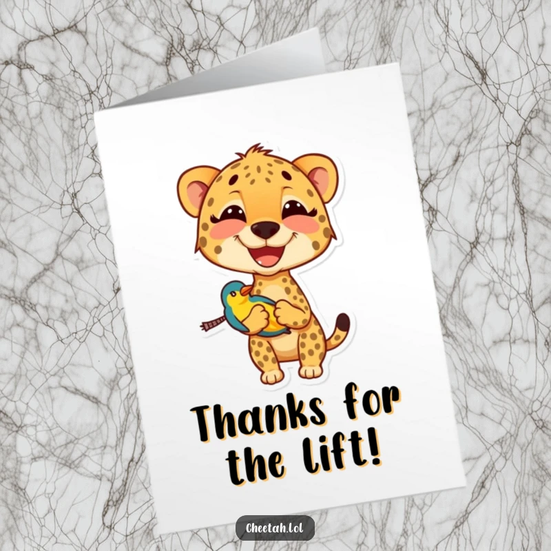 Funny Free Printable Thank You Card: A cheetah beaming with joy carries a little bird, expressing heartfelt thanks.