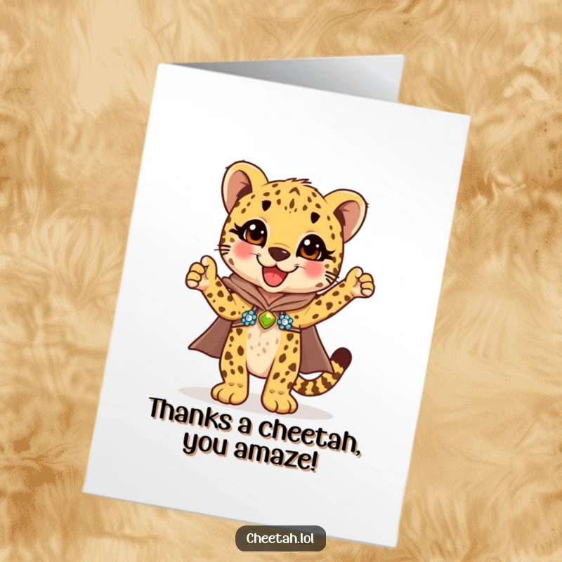 Funny Free Printable Thank You Card: Cheetah cub in dazzling sequins, striking a pose to express heartfelt thanks.