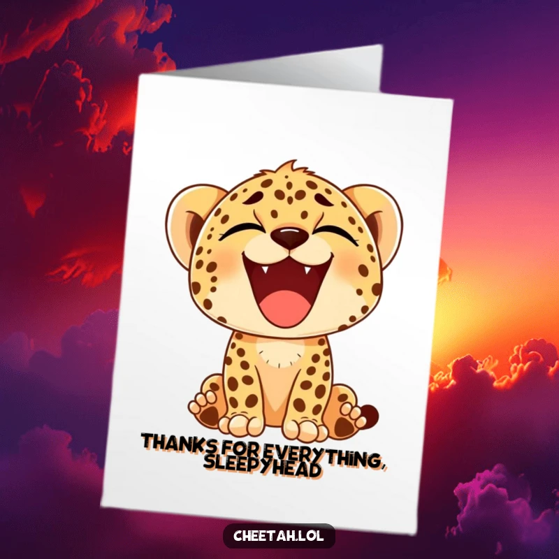 Funny Free Printable thank you card: A cheetah cub displays a wide, contented yawn, conveying peaceful thanks.