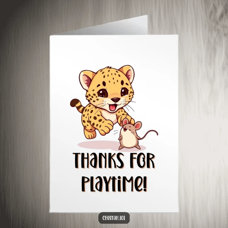 Funny Free Printable Thank You Card: An excited cheetah cub mid-pounce on a toy mouse, conveying playful and cute gratitude.