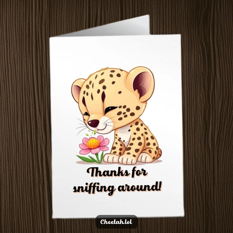 Funny Free Printable Thank You Card: A curious cheetah cub gently sniffing a colorful flower, offering a moment of quiet wonder.