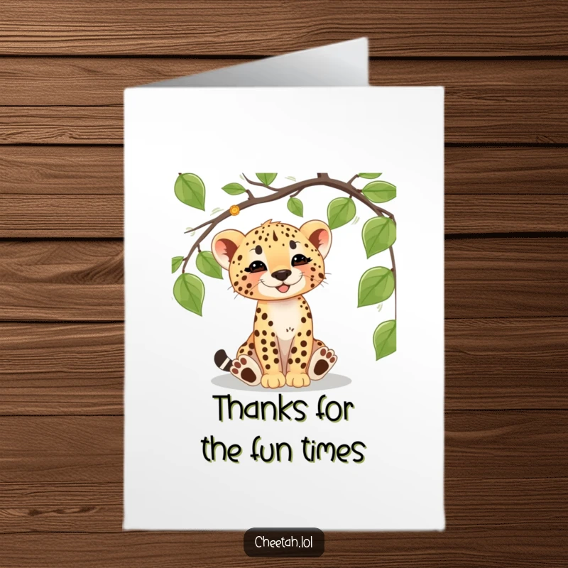 Funny Free Printable Thank You Card: A cheetah cub joyfully batting at a dangling vine, sending thanks.