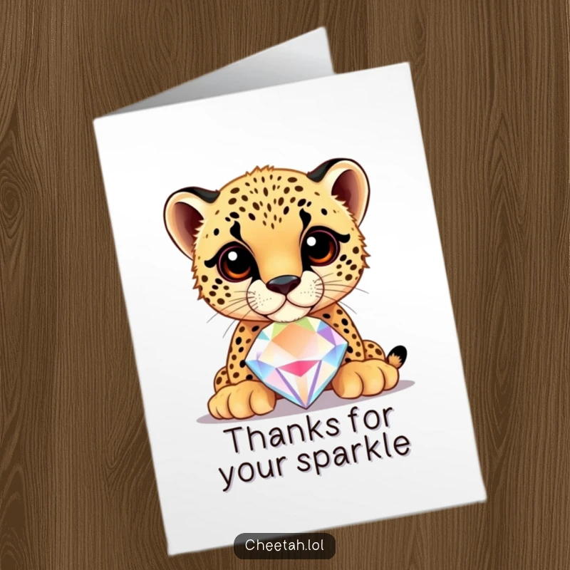 Funny Free Printable Thank You Card: a cheetah cub balances a large, sparkling jewel on its nose with impressive focus.