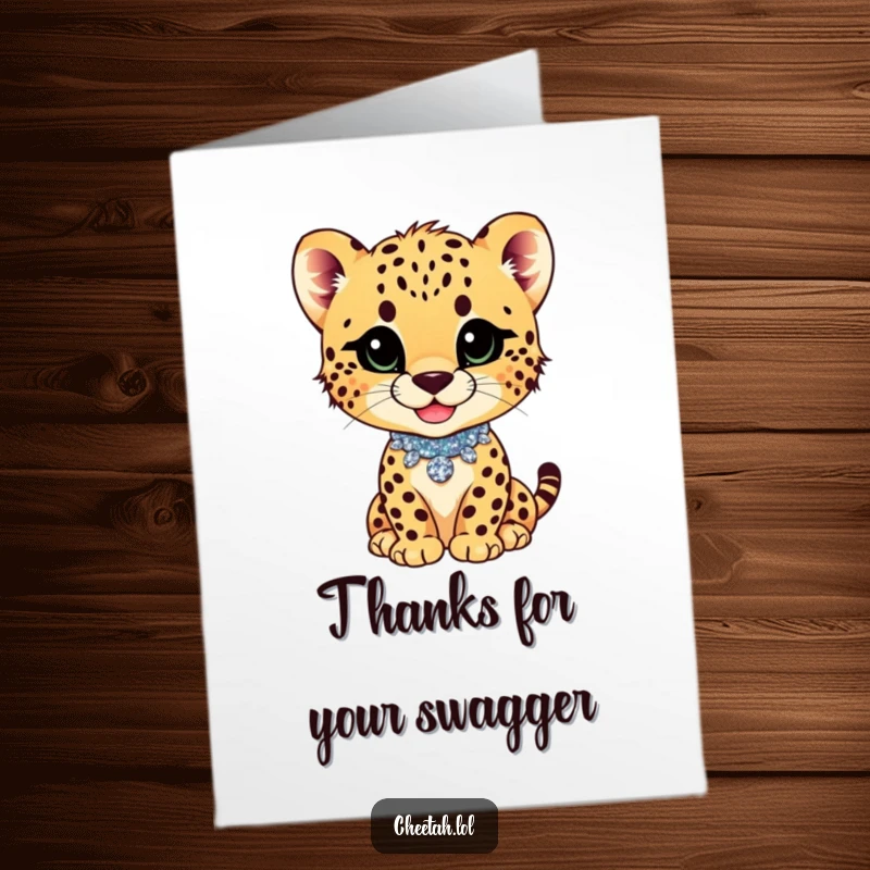 Funny Free Printable Thank You Card: a cheetah cub with a confident smirk wears a dazzling, glittery collar.