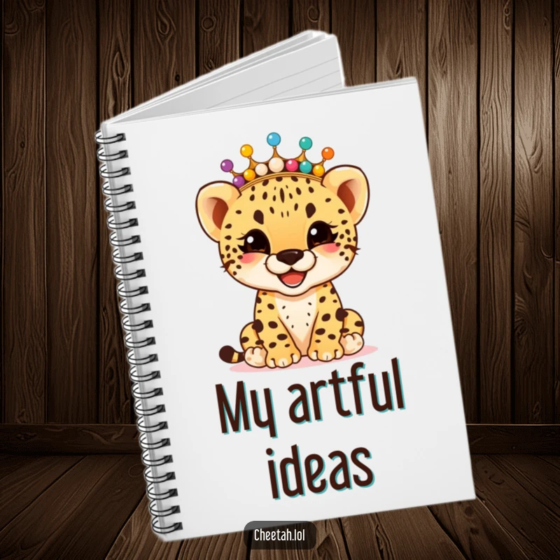 Funny giggling cheetah cub wearing a crown of colorful beads, on the cover of a notebook, for jotting down happy thoughts, a funny gift.
