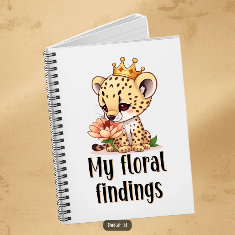 Funny curious cheetah cub wearing a tiny crown, sniffing a giant flower, on the cover of a notebook, for jotting down discoveries, a funny gift.