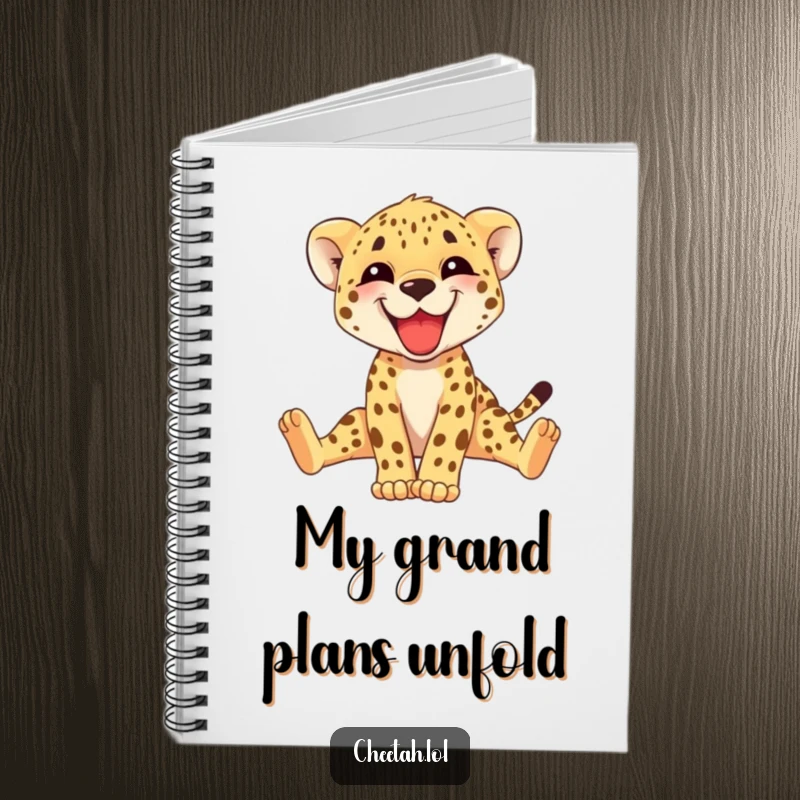 Funny cheetah cub notebook with a grinning cub stretching its long legs, encouraging creativity. A perfect gift for note-takers.