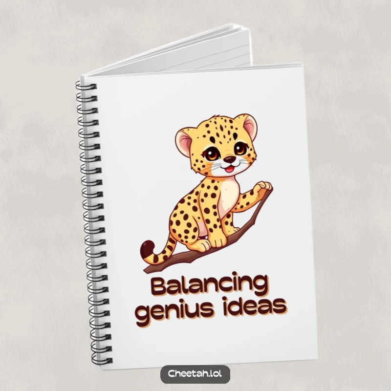 Funny Cheetah Cub Notebook: A tiny cheetah cub balances on a thin branch, inspiring graceful note-taking and creative thoughts.