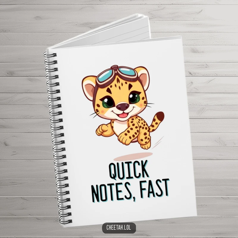 Funny cheetah cub racing notebook featuring a speedy cub, ideal for jotting down ideas with fast-paced humor.