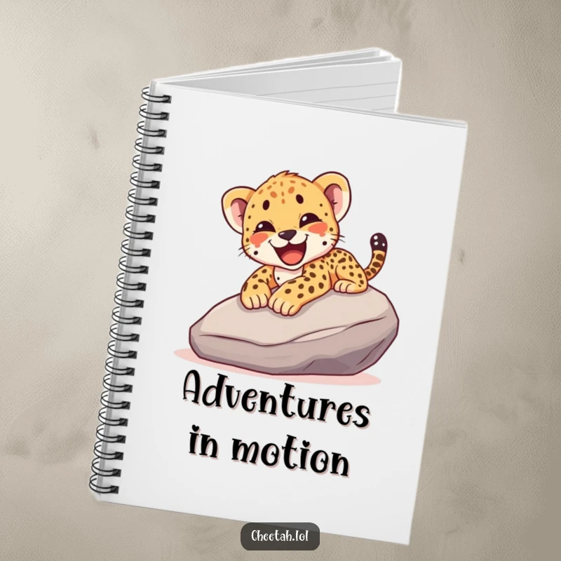 Funny notebook featuring a cheetah cub joyfully sliding down a rock with a happy yelp, perfect for jotting down notes.